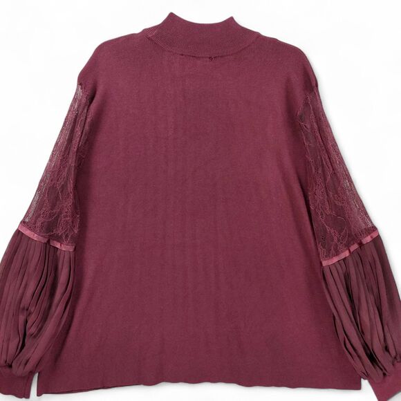 Belldini Plus 3X Top Burgundy Mock Neck Sweater Lace Chiffon Pleated Romantic - Picture 2 of 8